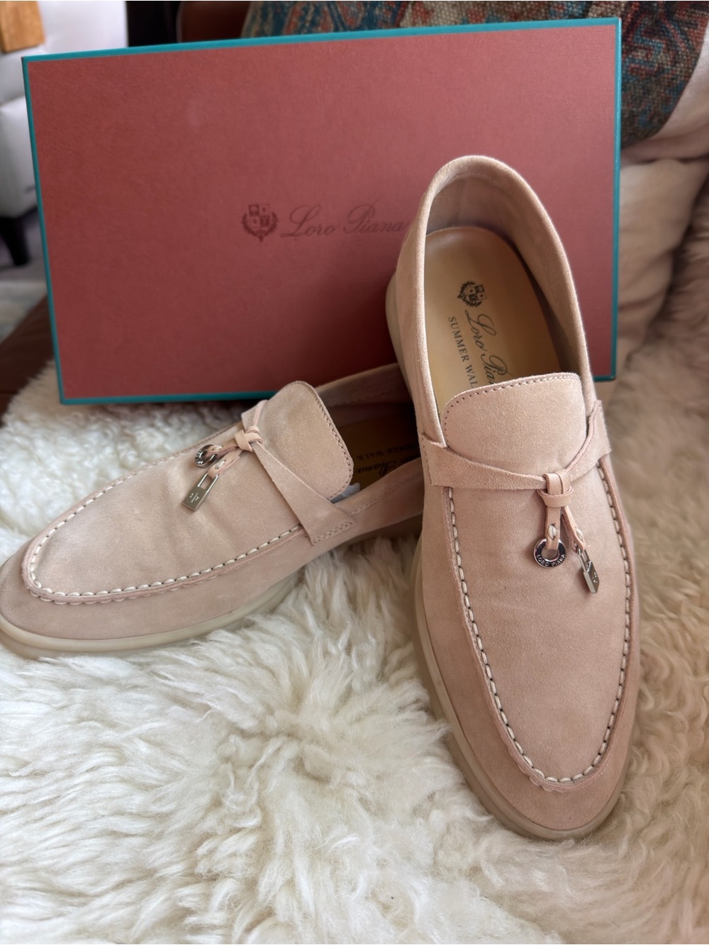 Loro Piana Women’s Suede Tassel Loafers in Blush Pink